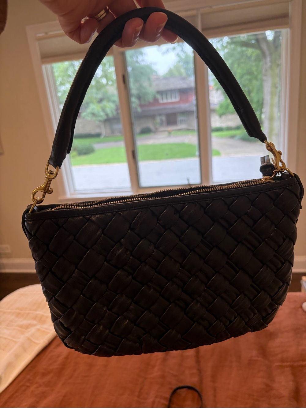 Woven Leather Crossbody Bag in Black with Gold Hardware - Picture 7 of 8